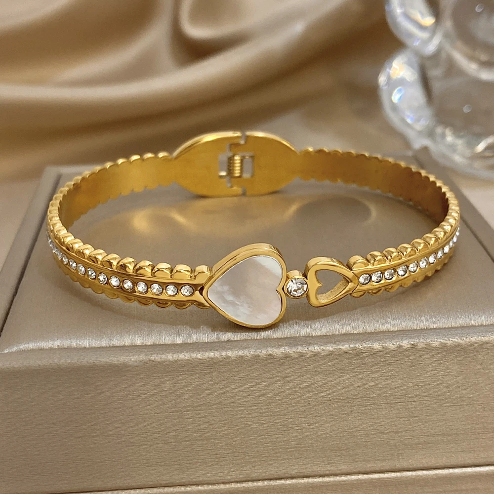 أنيقة الفولاذ المقاوم للصدأ مطعمة شل القلب الزركون الكفة سوار للنساء الرجال الزفاف الزفاف المفتوحة الإسورة مجوهرات عيد الحب