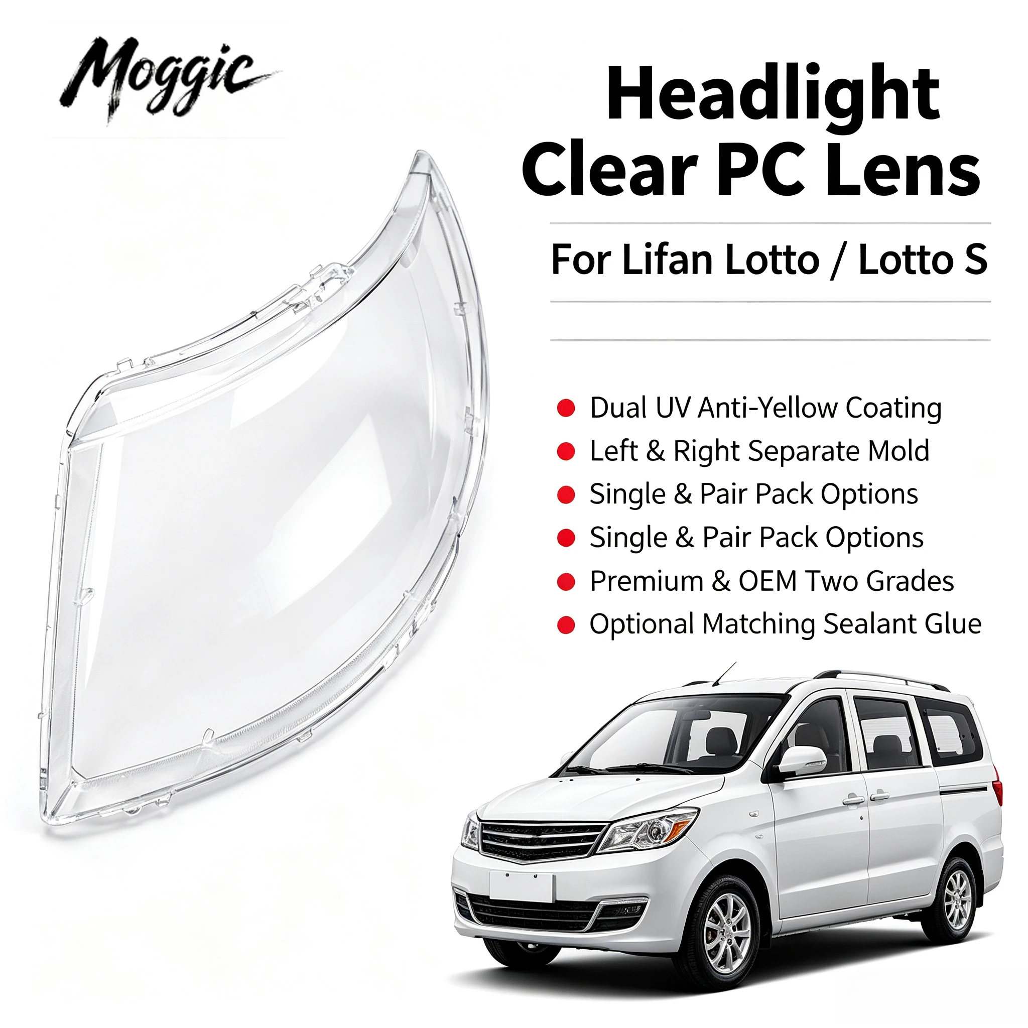 Moggic Headlight Lens Cover Compatible with Lifan Letu 2015 2016 2017 2018 Standard Edition Left Right Side Replacement Clear