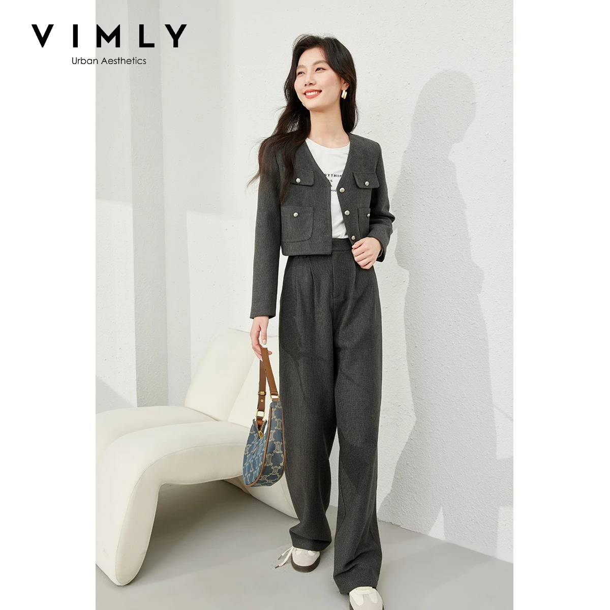 VIMLY Dark Grey Outfit for Women 2026 Fall Winter Commuter Casual Fashion Thick Short Coat Wide Leg Pants Two-piece Set M5726