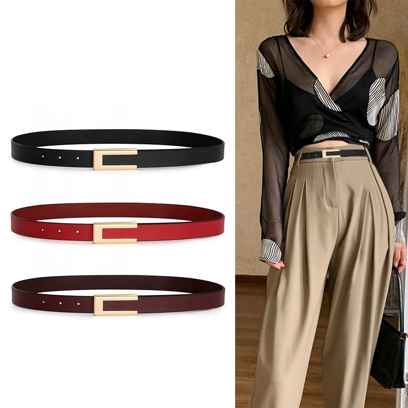 

Womens Genuine Leather Belt Skinny Waist Belt for Dresses Jeans Pants with Gold Buckle