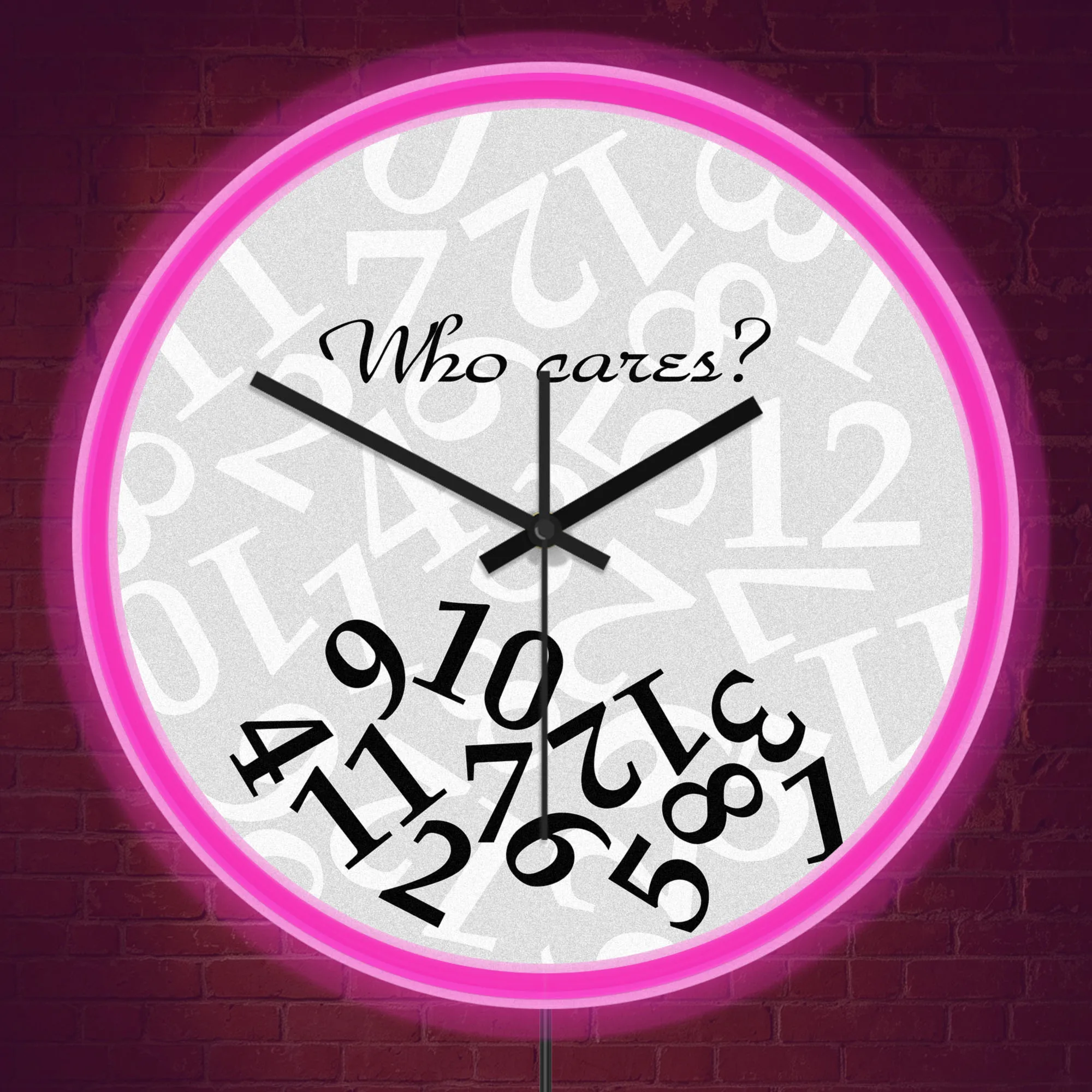 Who Cares Funny Quote LED Neon Wall Clock for Office Living Room Glowing Distorted Numbers USB Powered Night Light Wall Clock