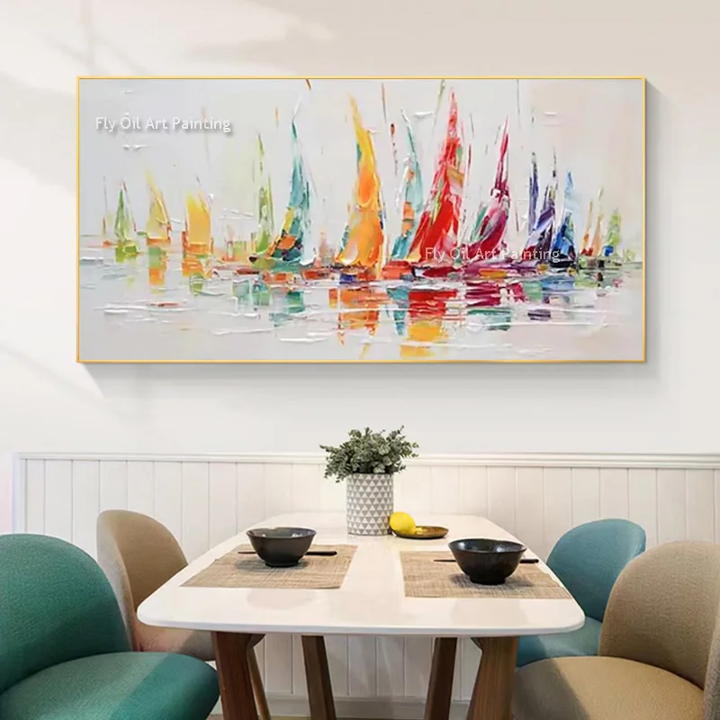 Hand Made Blue And White Sea View Artwork Modern Colorful Soil Boats On The Sea Canvas Oil Painting For Living Room Decor