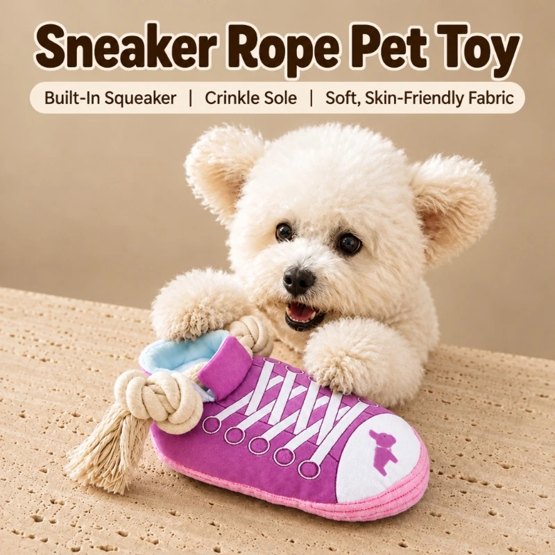 Shoe Rope Dog Toy with Squeaker and Crinkle Insert, Rope Ends for Chewing, Carrying, and Joint Play Together 37JD