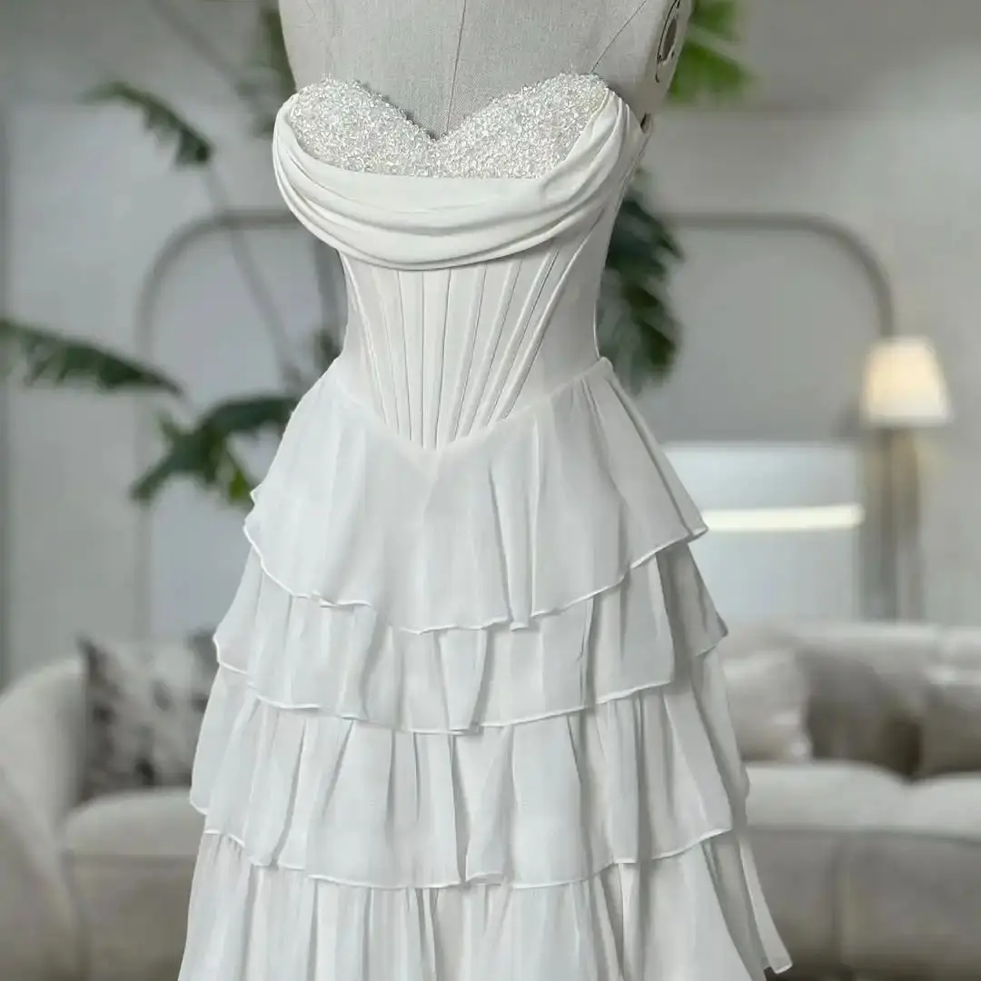 Vestido de noche de tul con volantes escalonados, corsé plisado de espina de pescado con lentejuelas y escote en forma de corazón, vestido de fiesta de graduación nupcial para boda