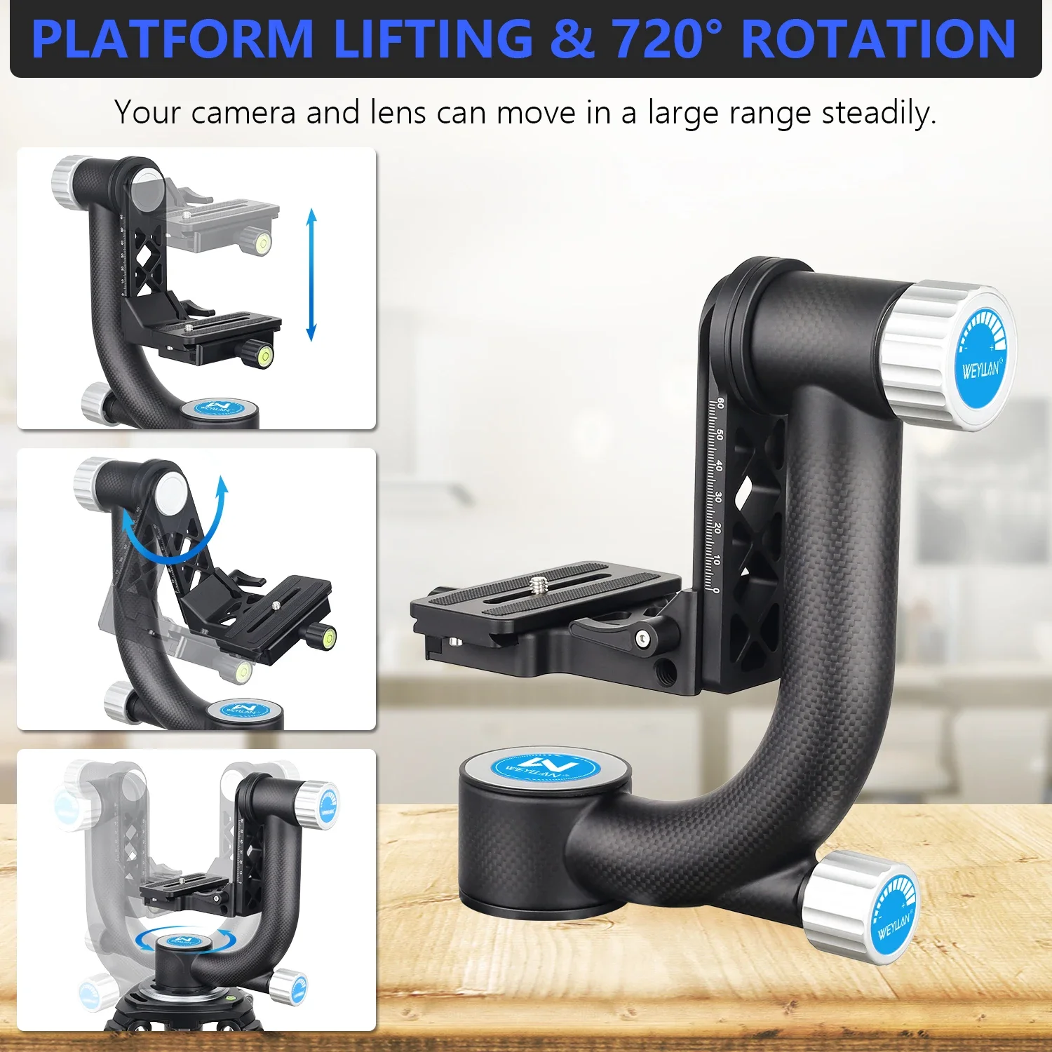 Profissional Gimbal cabeça do tripé para lente telefoto, cabeça panorâmica, fibra de carbono, Heavy Duty, observação de pássaros, 720