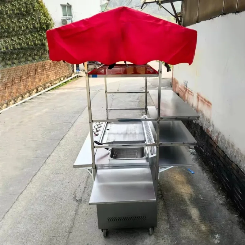2025 Factory Outlet Hot Selling Street Food Barbecue Trolley Mobile Stainless Steel Fryer Grill Handcart