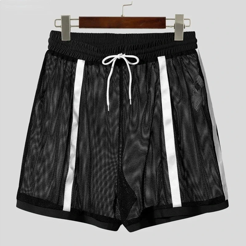 Men's Mesh See-through Sexy Shorts Fashion Patchwork Drawstring Beach Shorts Leisure Sport Shorts for Man Pajamas Home Underwear