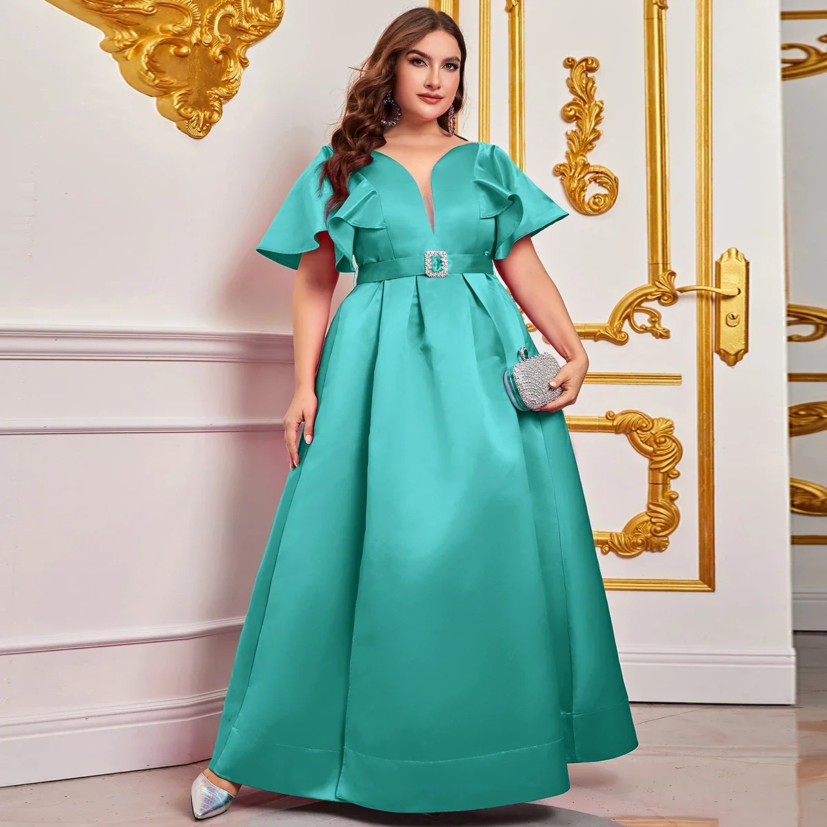 Plus Rhinestone Detail Belted Ruffle Sleeve Satin Dress