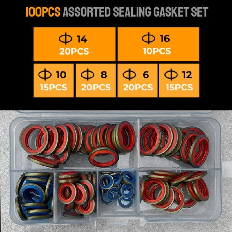 Junta de tapón de drenaje de aceite de goma de Metal, arandela de unión de 100 piezas, compatible con M6 M8, M10, M12, M14, M16, juego combinado de anillos de sellado