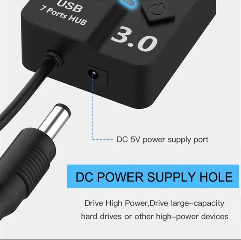 Hub USB 3.0 120CM 4/7-portowy z wskaźnikiem LED, przełącznikiem, do laptopa, pamięci flash, dysku twardego, drukarki, aparatu, klawiatury, zasilanie AC 5V 2A, kabel DC — zdjęcie produktu 3