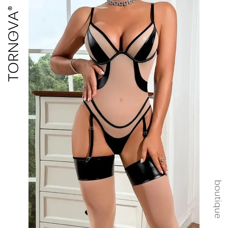 

Tornova Sexy Bodystoking Lingerie Women Latex Mesh Patchwork Body Night Clip Sissy Youth Girl Crotchless Hot Sexy Clothes Top