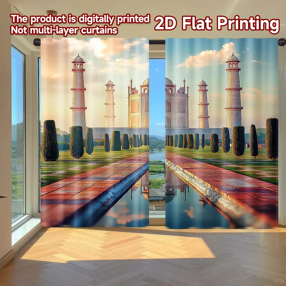 

2D flat printing 2pcs Curtains Taj Mahal Sunrise Reflection Digital Printed Polyester Drapes Seasonal Party & Holiday Decor