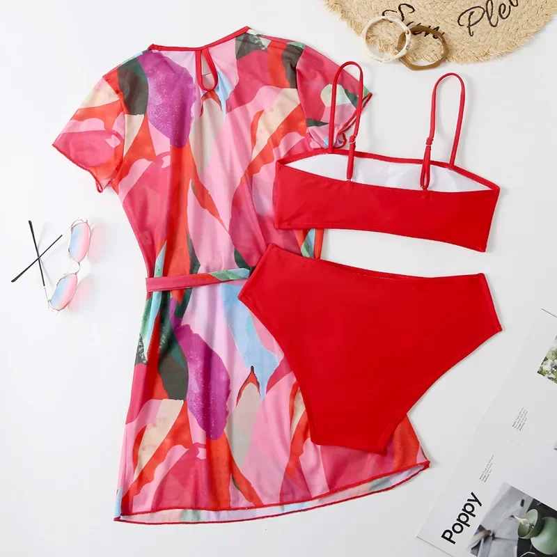 Maillot de bain 3 pièces imprimé rouge pour femmes, Cover-up conservateur, ensemble deux pièces, bretelles, dos nu, vêtements de plage, nouvelle collection été 2025