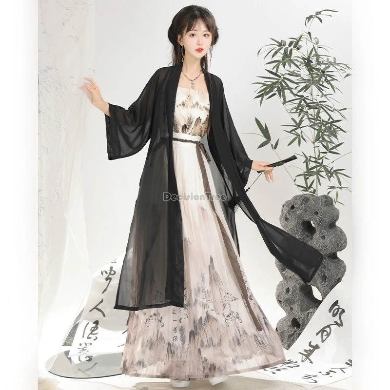 

2024 chinese ancient song dynasty hanfu female yarn coat vest pleated skirt new daily spring fashion loose style hanfu set w1012