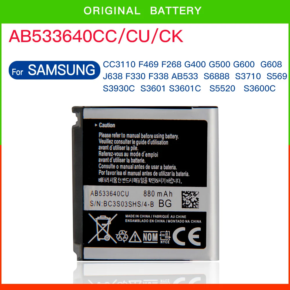 

Replacement Battery AB533640CC AB533640CU For Samsung S6888 S3710 S3600 GT-S3600i S3930C S3601 S5520 S569 F338 880mAh