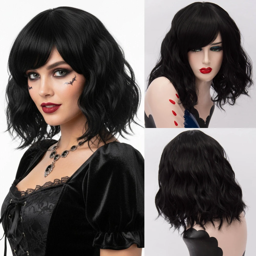 MSIWIGS Wig Hitam Sintetis Pendek Bergelombang Wanita dengan Poni Samping Tahan Panas untuk Cosplay Halloween & Pesta