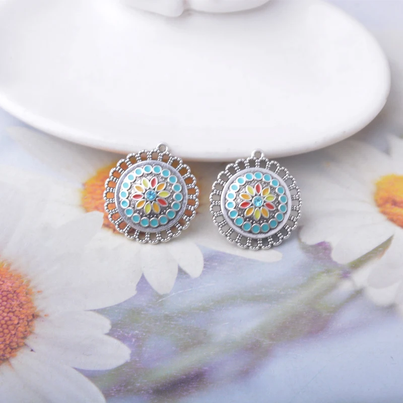 12 Stück/Los Legierung Antik Silberfarbene Feder Emaille Blumen Acryl Charms Schmuckzubehör Ohrringe Anhänger – Detail 5