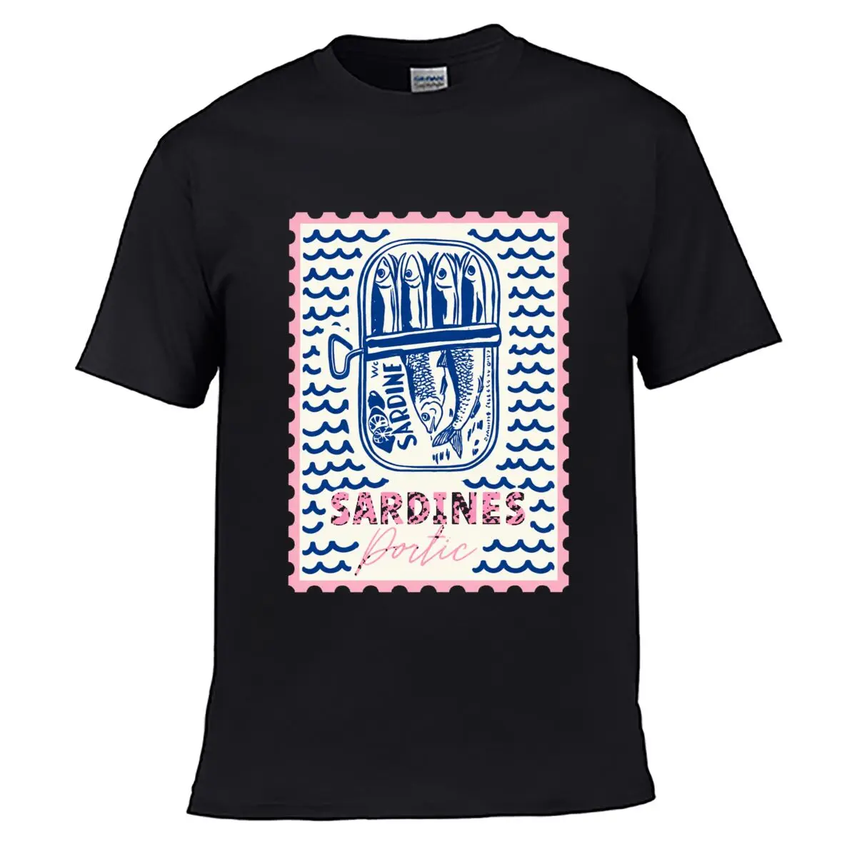 Sardines Garlic Tinned Fish Coastal Wave Illustration Loose Vintage Distressed Washed Casual Tee