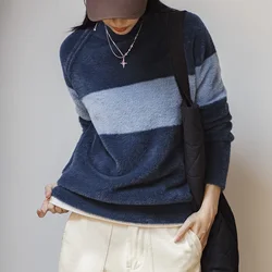 Maden Maglione lavorato a maglia casual a righe Pullover caldo vestibilità ampia con cerniera girocollo per top versatili autunnali e invernali da donna