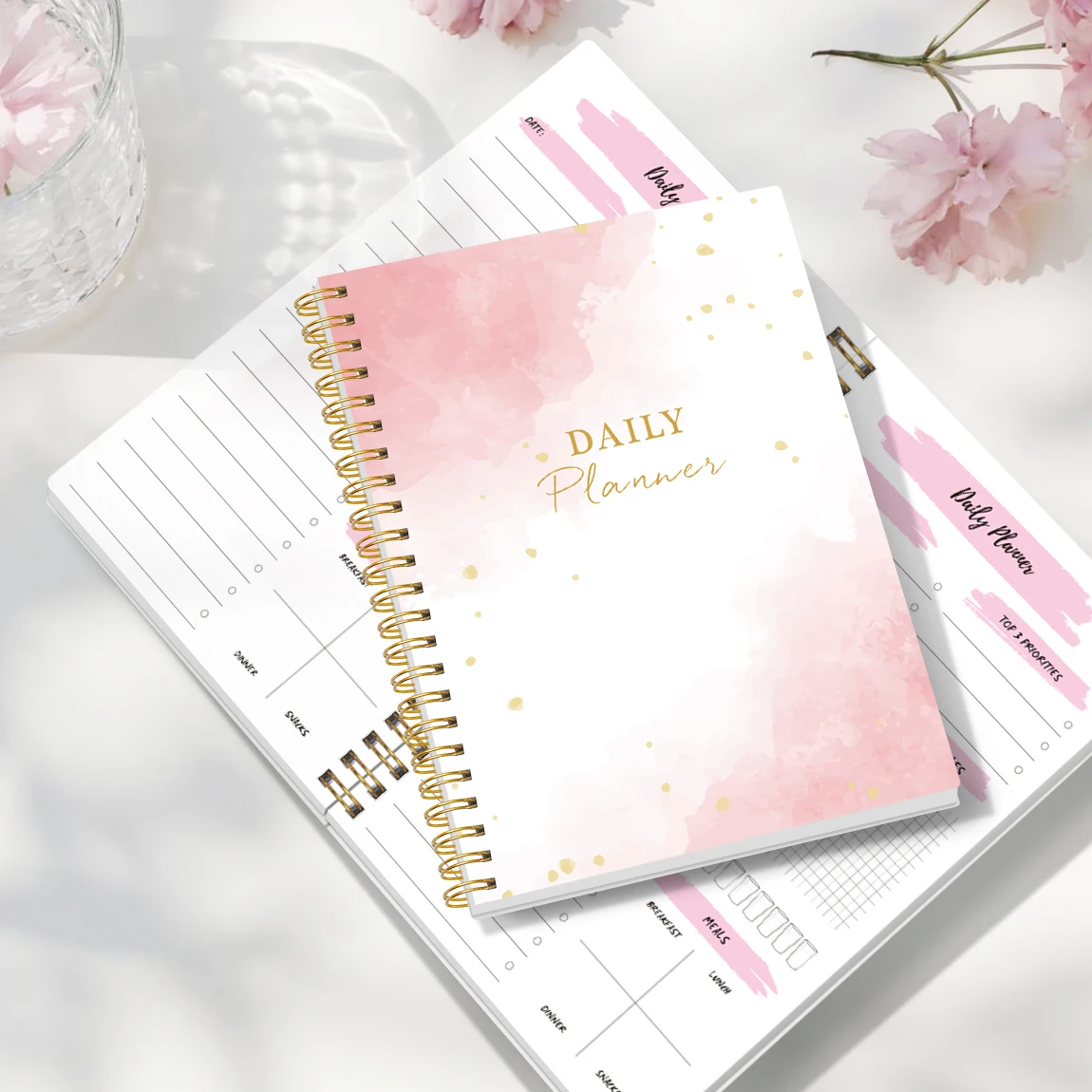 دفتر ملاحظات مخطط يومي وردي مقاس A5، منظم قائمة المهام، دفتر جدول مع ملاحظات، جهاز تعقب الوجبات، قرطاسية هدايا مكتب الطالب المثالية