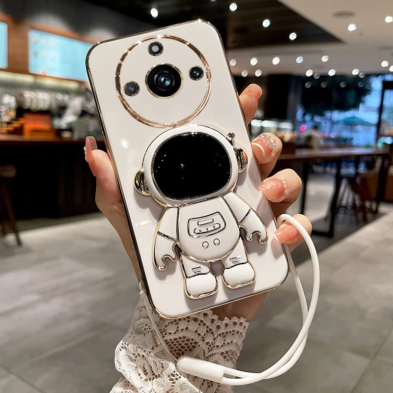 For Realme 11Pro 11 Plus Electroplated Drop-proof Dustproof Soft Phone Case with Cartoon Astronaut Folding Stand  Holder lanyard