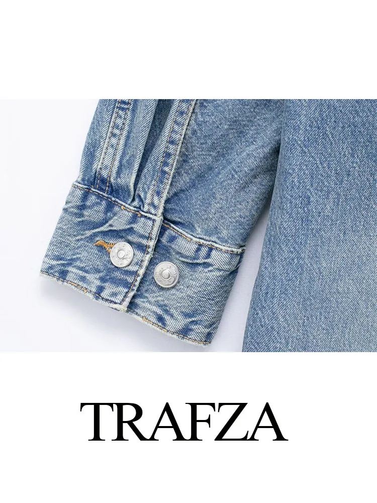 TRAFZA Women's Summer Blue Color Fashion Vintage Long Sleeved Lapel Denim Dress Female Elegant Single Breasted Long Dress image 6