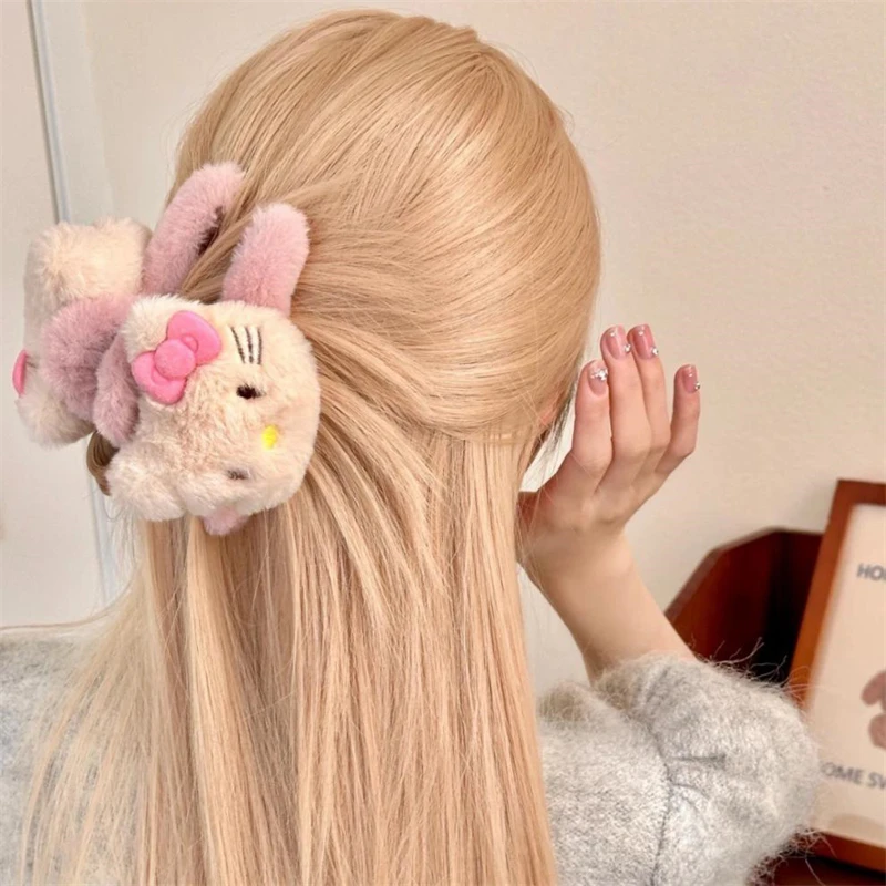 Sanrio Hello Kitty Plush Hair Clips Cute Anime Cartoon Women Fashion Bow Bundled Hair Hair Accessories Shark Clip Holiday Gifts