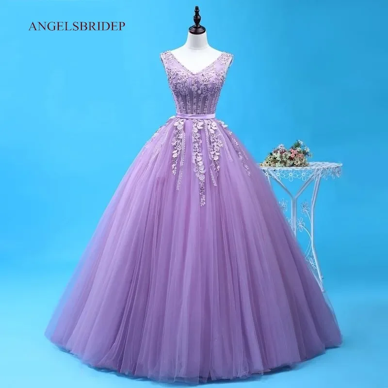 Vestidos de quinceañera lilas con cuello en V para 15 fiestas, apliques de flores 3D formales, hasta el suelo, Tull dulce 16, vestidos de princesa, Sexy