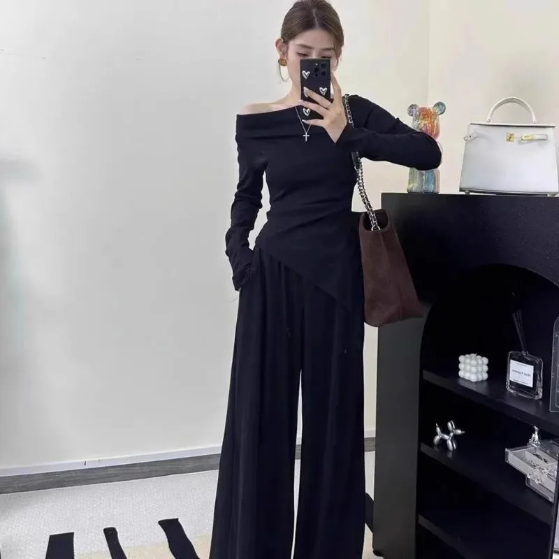 Casual Temperament Suit Slim Fit Irregular Long-sleeved Top Autumn Winter High-waisted Wide-leg Two-piece Set