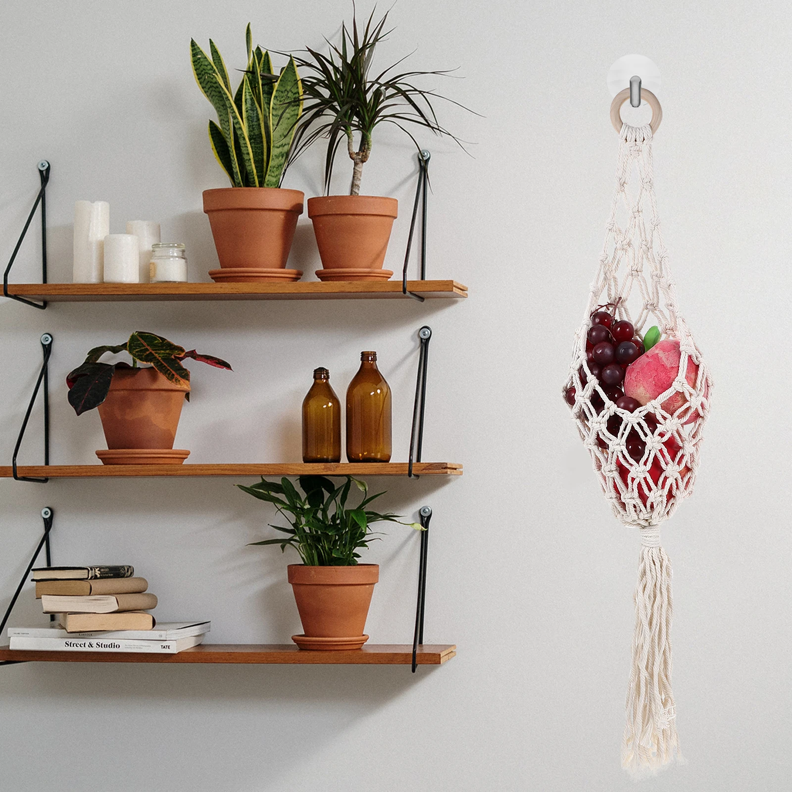

Macrame Hanging Fruit Basket 20CM Iron Ring H made Cotton Rope Storage Kitchen Decor Plant Wall Veggie ganizer