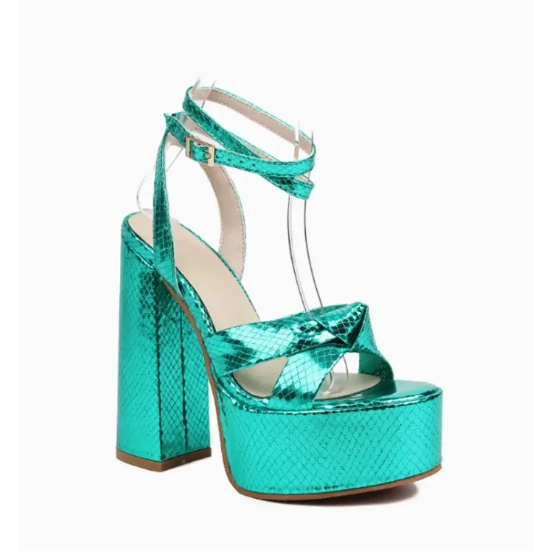 Women\'s Sandals Platform Party Office Pumps PU15CM Square Heel Summer Buckle Strap Tied Round Toe Platform Hate Sky Women Shoes