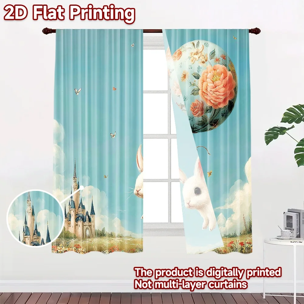 2D flat printing 2pcs Curtain Cute Bunny Floating Easter Egg Digital Printed Polyester Drapes Festive Curtains Perfect for