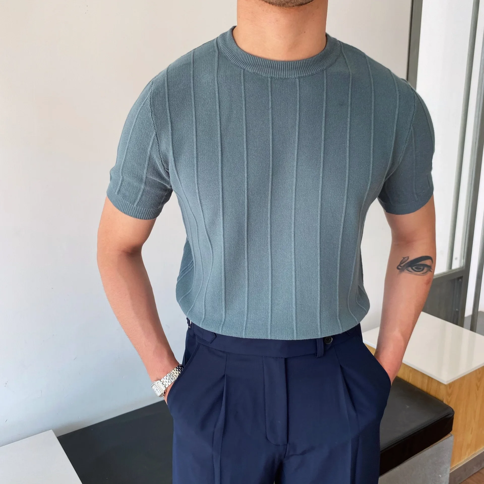 Men\'s Light Luxury Knit T Shirt Men\'s New Summer Round Neck T Shirt Half Sleeve Men Short Sleeve Thin Version of The Base Shirt