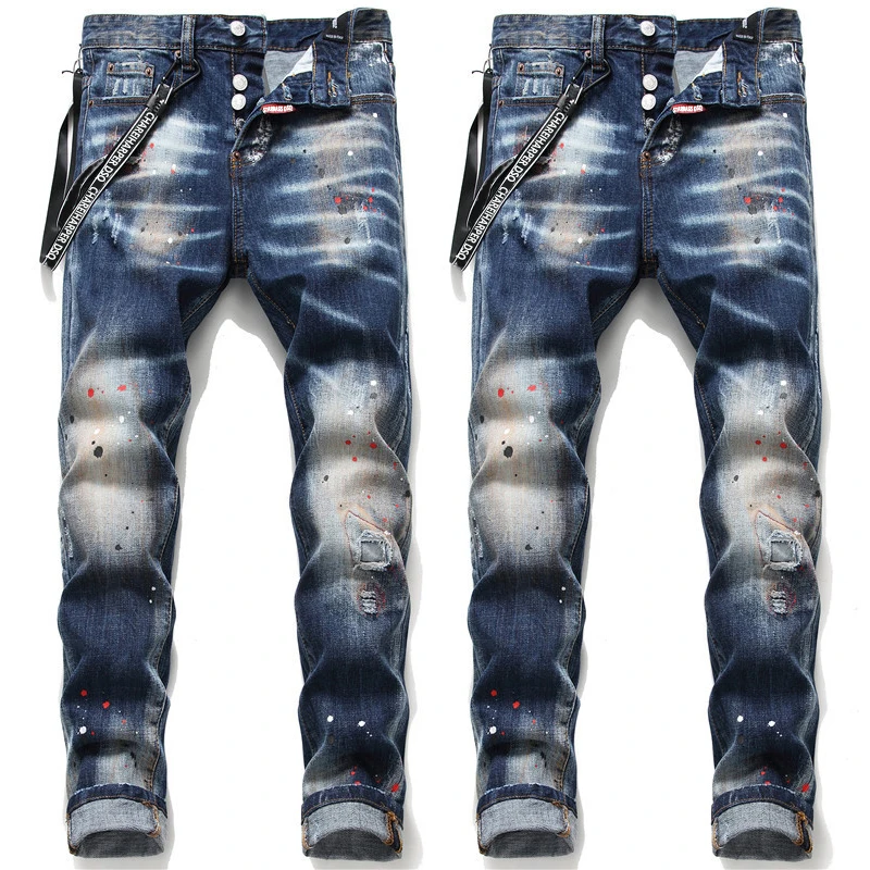 

100Chaharper dsq1048 cotton Men's skinny Skinny jeans Ripped Fabric Non-stretch Paint Splash vintage Italy new design blue jeans