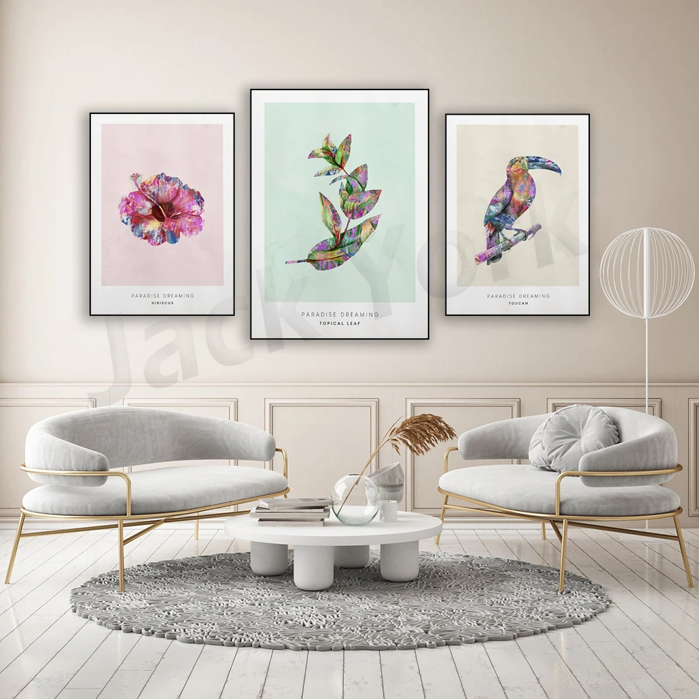 Poster: Illustration Tropical Leaf, toucan, palm leaf,Hibiscus, pineapple