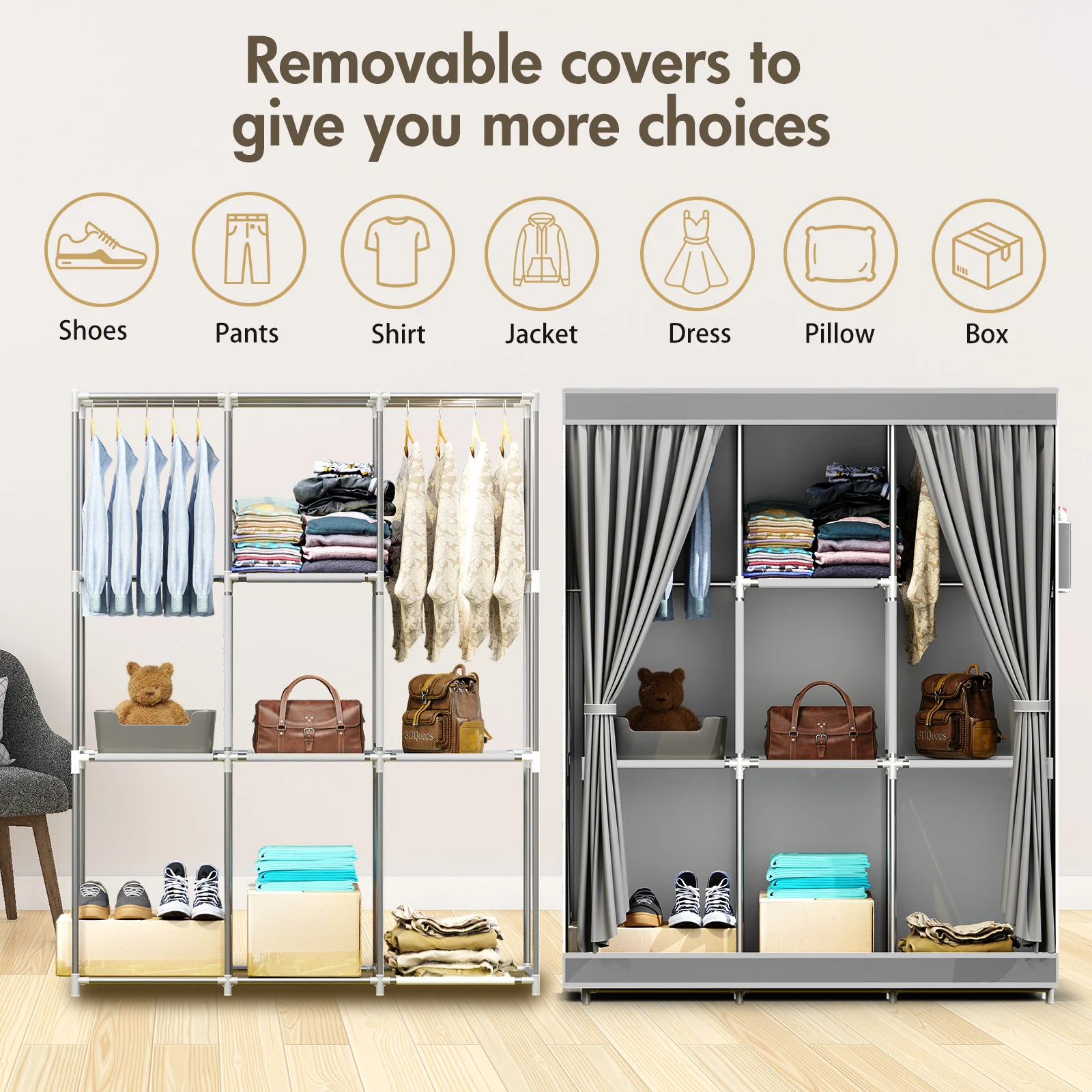Wardrobe Clothes Closet Storage Organizer Portable Multifunctional Coat Rack Foldable Dustproof Non-woven Fabric for Bedroom