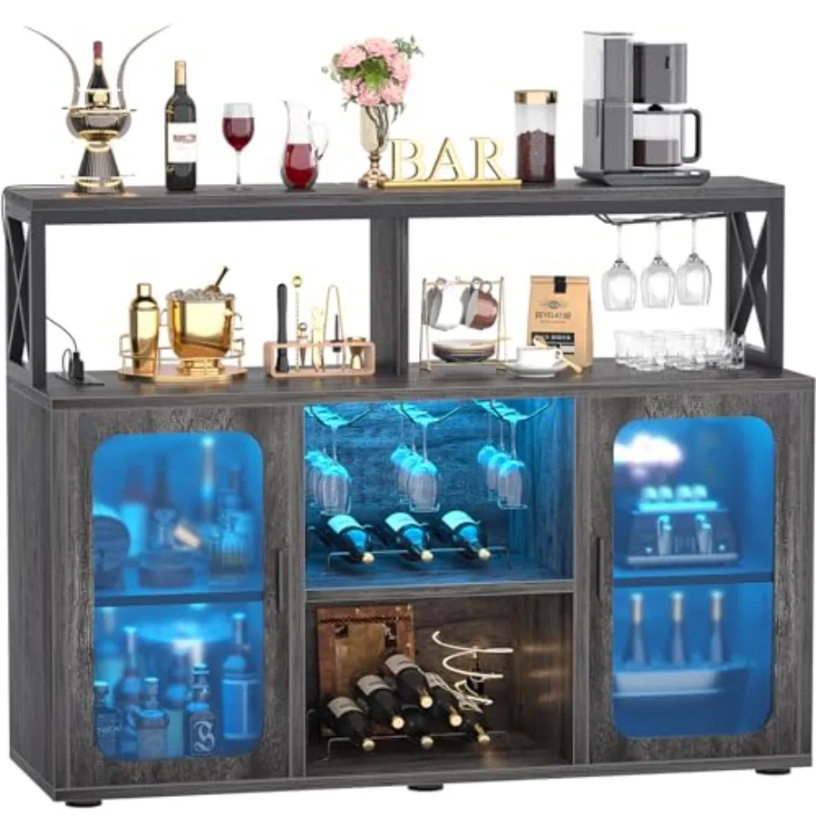 

Bar Cabinet with Power Outlets Liquor Cabinet with Led Lights and Glass Holder Storage Buffet Cabinet Coffee Bar Cabinet for Li