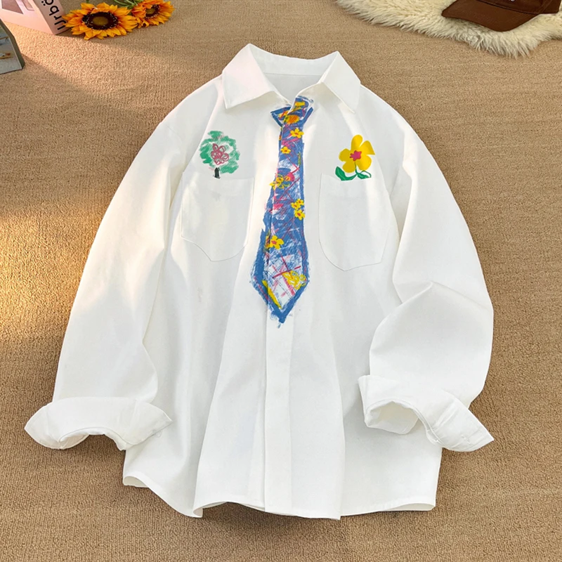 Chic Cartoon Painted Print Long Sleeve Shirt for Men Tie Pattern Design Shirt White Shirt Copule Tee Holiday Beach Clothes