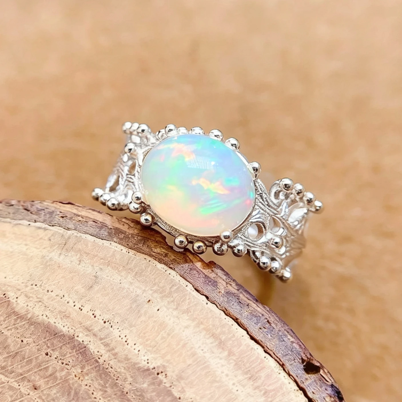 Certified Natural Cabochon Opal Cocktail Ring 925 Silver Vintage Hollow Crown Lace Band Statement Ring with Free Certificate