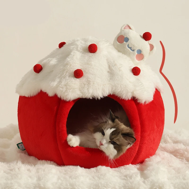 

HOOPET Cat House Cat Litter Winter Warm Super Large Cat Bed Winter Pet Cat House Enclosed Security Strawberry Pet Litter