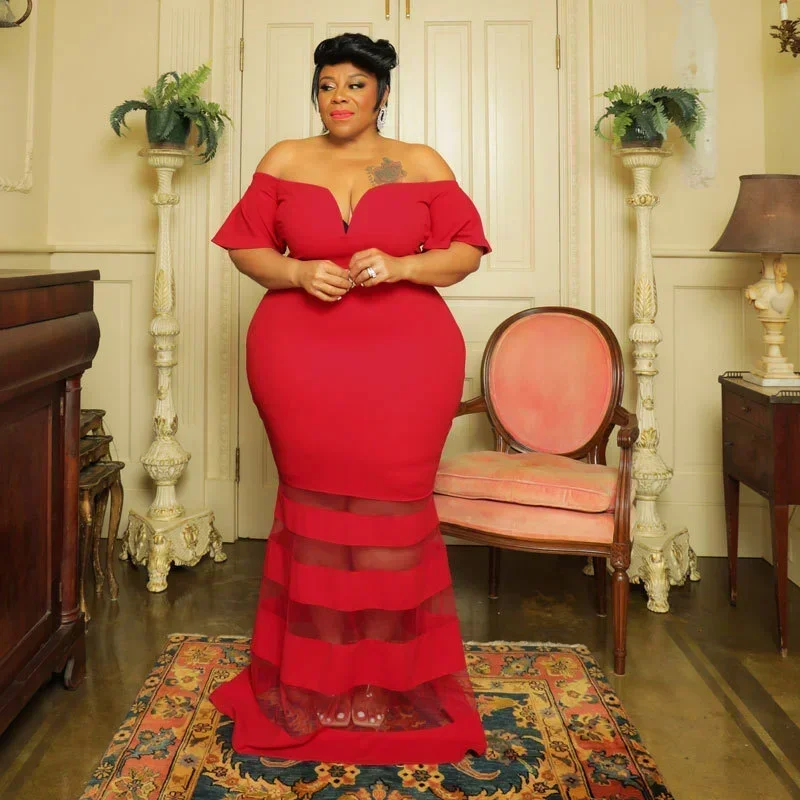 

Платье GUWU с сетчатыми вставками, открытыми плечами, расклешенными рукавами, силуэта «русалка», облегающее, миди/макси, для вечеринок, 2024, винтажное, женское, больших размеров