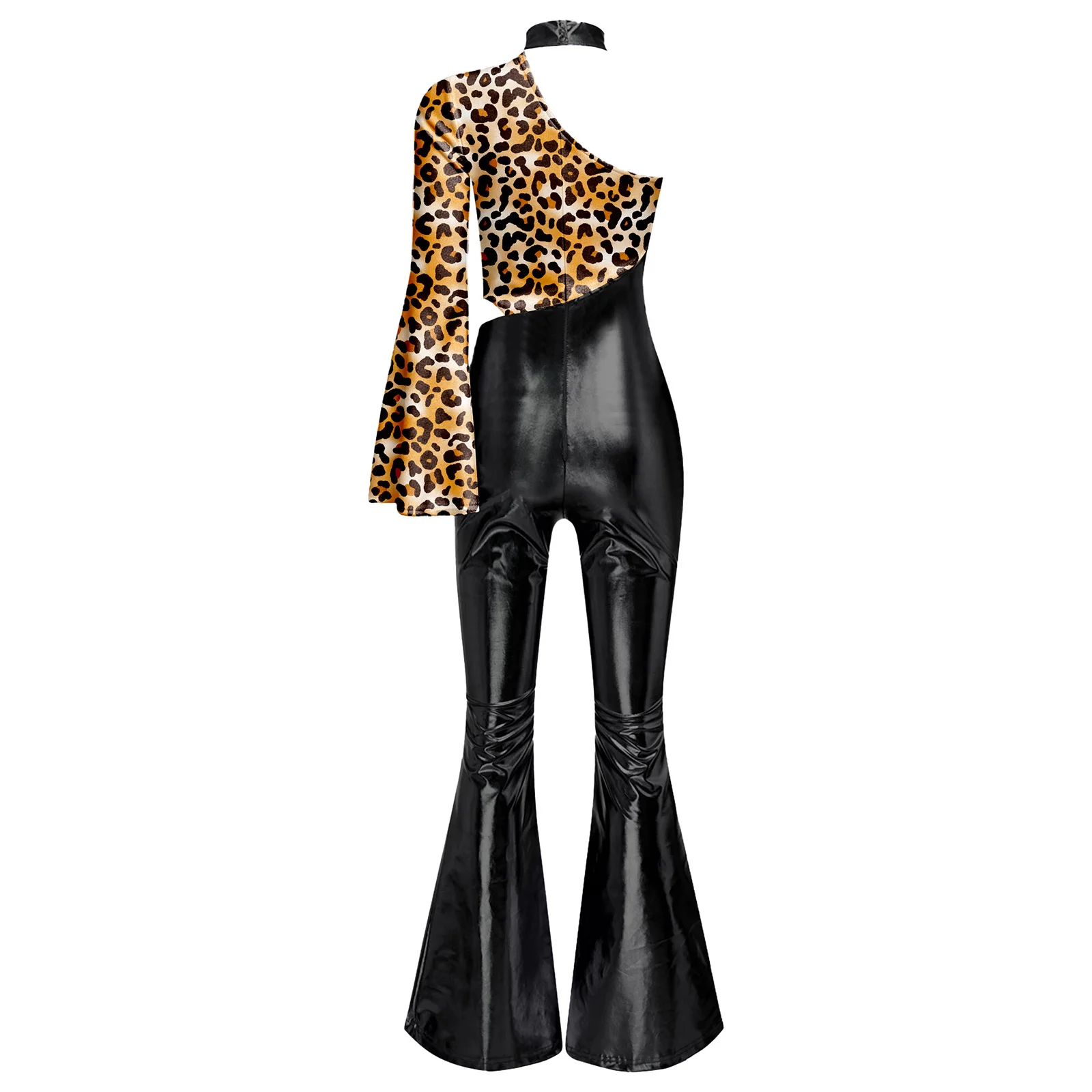 Damen One-Shoulder-Unitard mit Leopardenmuster, Tanz-Jumpsuit mit seitlichem Cutout, ausgestellte Hosenbeine, Retro 70er Disco Jazz Dance Outfit – Detail 10