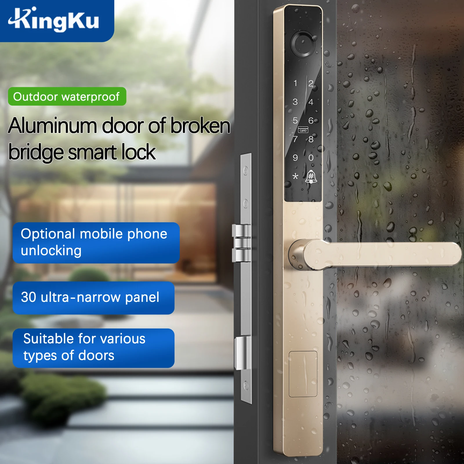

Biometric Lock Waterproof Outdoors Fingerprint Smart Electric Locks Digital with Tuya WIFI APP Cards Doorbell for Home Narrow