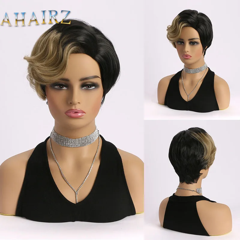 

Short Pixie Cut Wig Synthetic Hair Ombre Black Mixed Yellow Bob Curly Wig For Brazilian Women Daily Wear