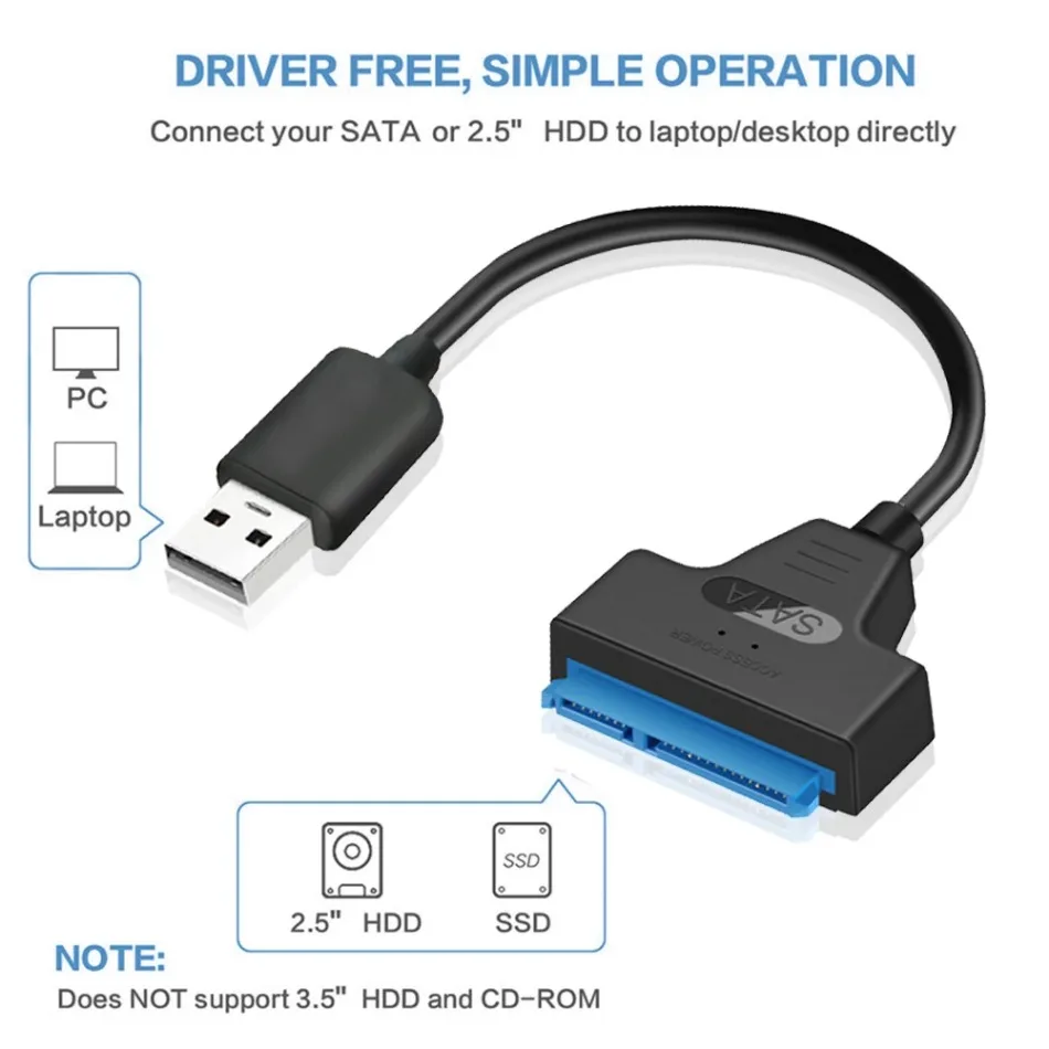 Adaptateur de câble USB 2.0 vers SATA 22 broches, ligne de convertisseur HDD SSD, fil de rette allergique pour disques durs 2,5 pouces pour disque