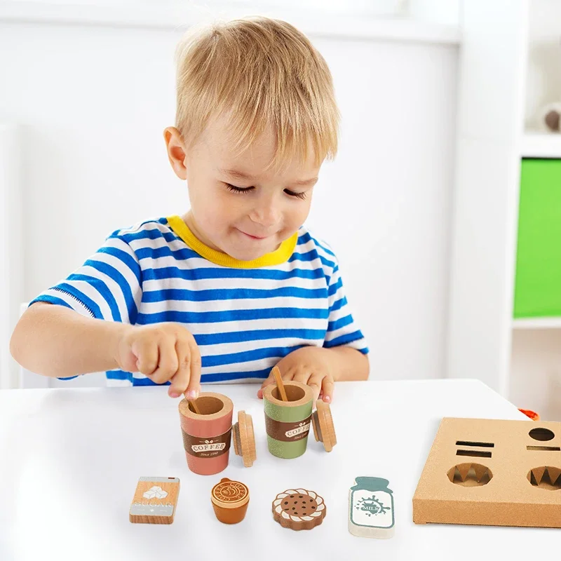 مجموعة قهوة خشبية للأطفال الصغار، ملحقات المطبخ التظاهري، هدية للأطفال في المنزل، ألعاب تعليمية مبكرة