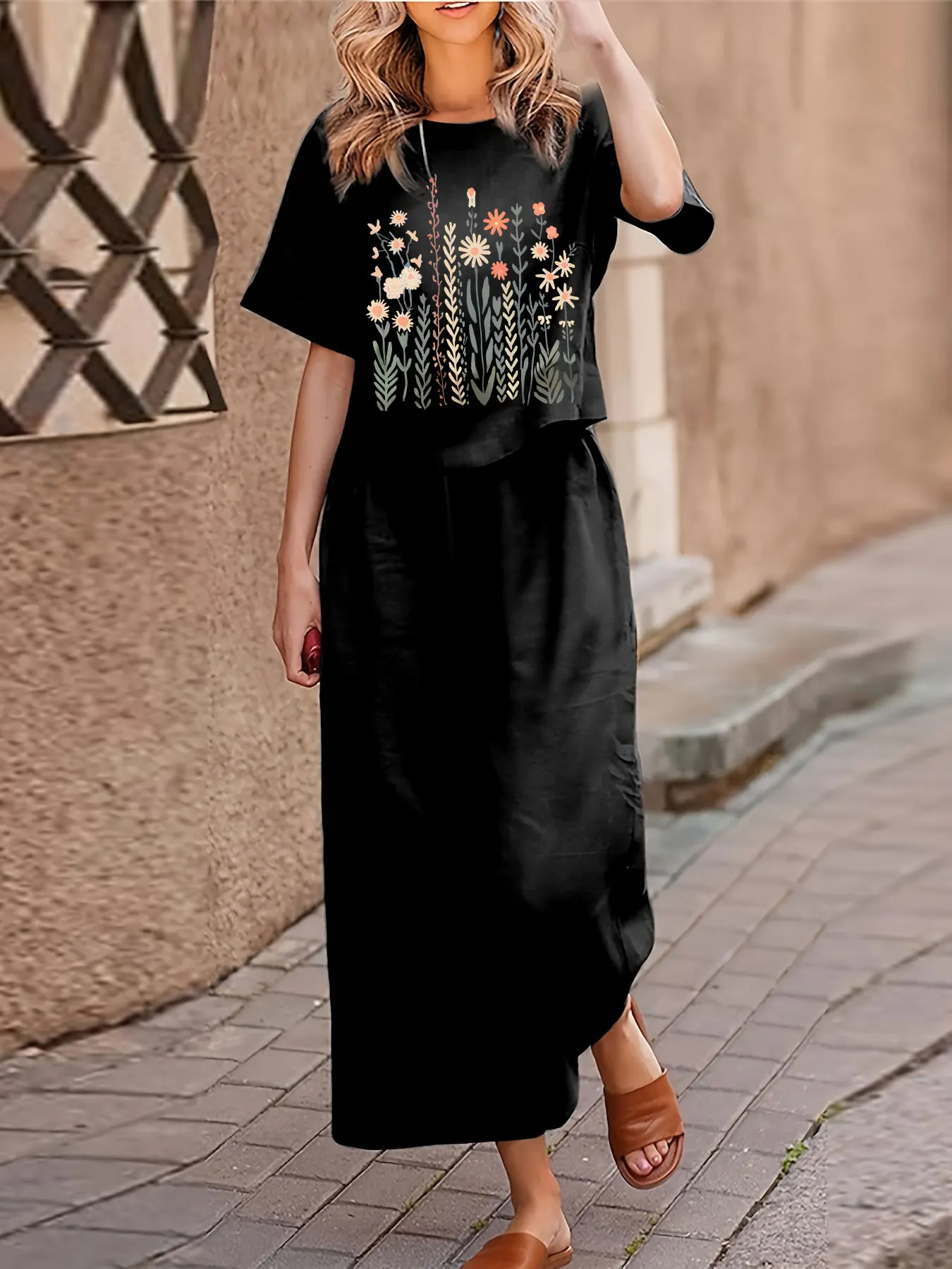 

Женский повседневный комплект из двух предметов больших размеров, футболка с короткими рукавами и принтом, брюки, комплект из двух предметов, свободный круглый вырез