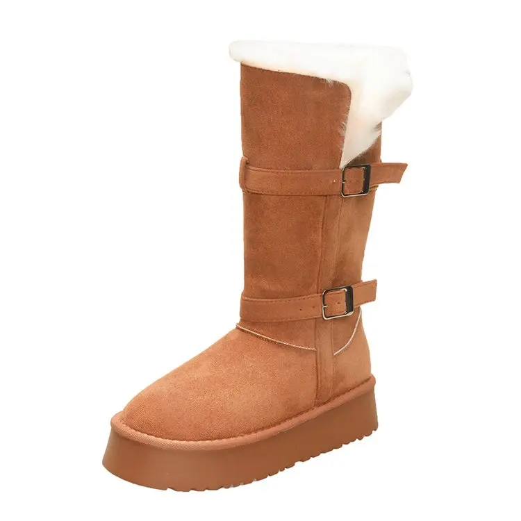 المرأة موضة أحذية الثلوج المسطحة شتاء جديد جولة رئيس الجلد المدبوغ مشبك معدني المضادة للانزلاق مقاومة للاهتراء أحذية عالية