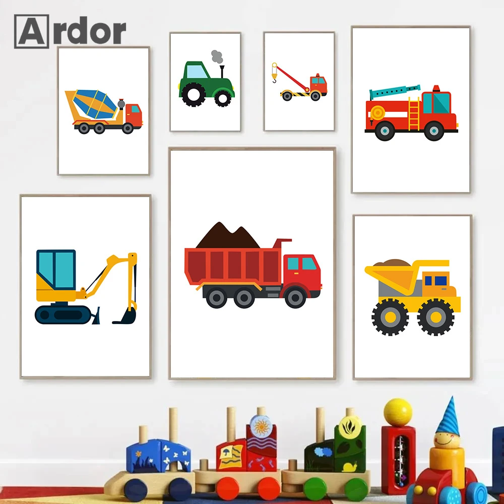 

Cartoon Truck Crane Excavator Wall Art Canvas Painting Child Posters Prints Nursery Poster Nordic Wall Pictures Boys Room Decor