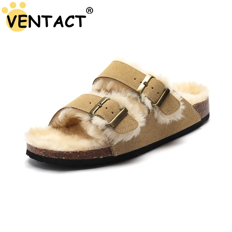 VENTACT Big Size 44-45 New Cork Sandals With Fur Warm Wear Artificial Fleece Outdoor Shoes Casual Double Buckle Clogs Slippers